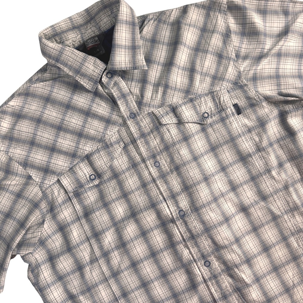 Outdoor Research Snap Front Pagosa Shirt Men Large Grey Plaid Short Sleeve